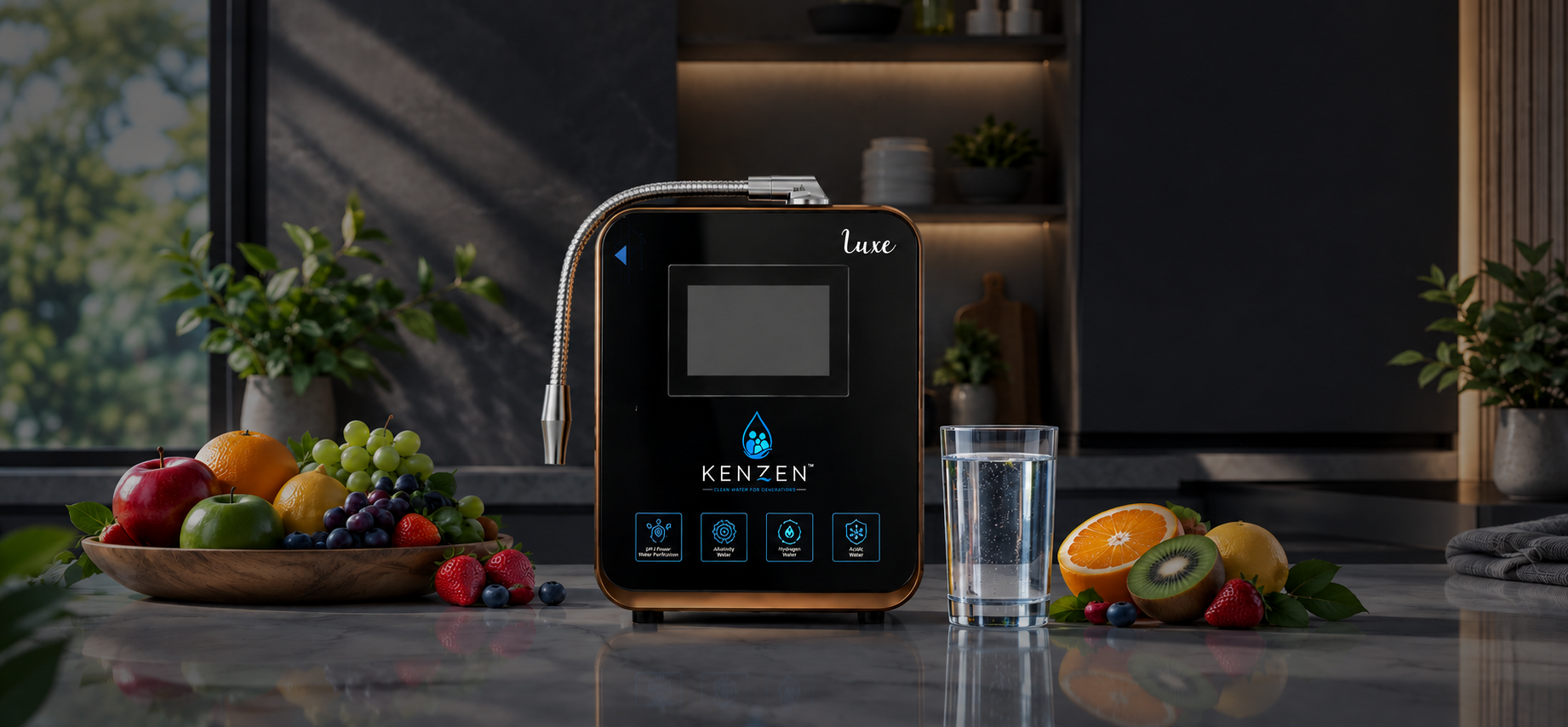 A modern ionized water machine sitting on a kitchen countertop dispensing fresh water